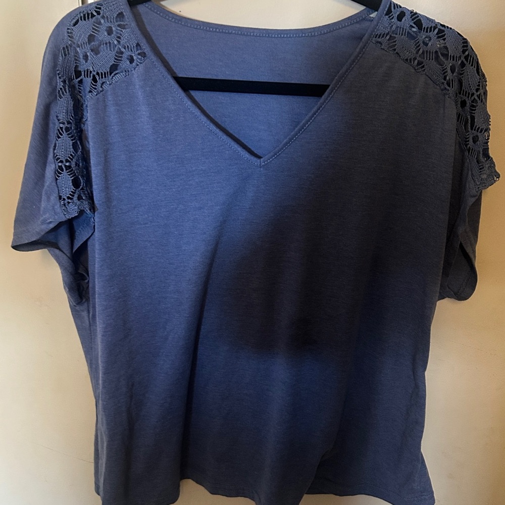 SHEIN Navy V-Neck Short Sleeve Top with Lace Shoulder Panels